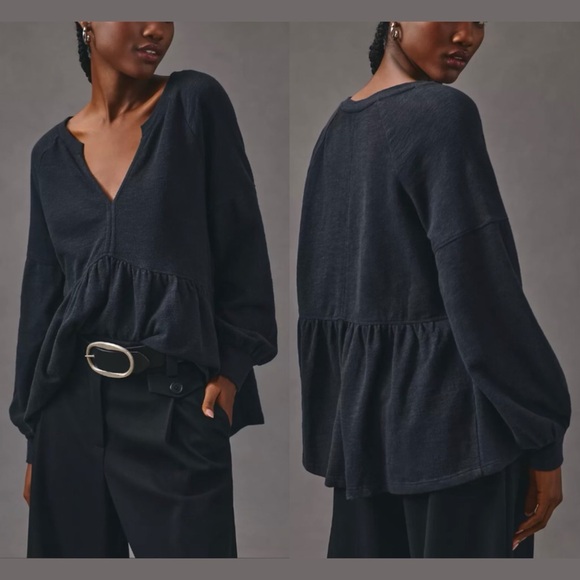 Anthropologie Pilcro Knit Long Sleeve Babydoll Top Black Oversized Puff Sleeve - Picture 1 of 14